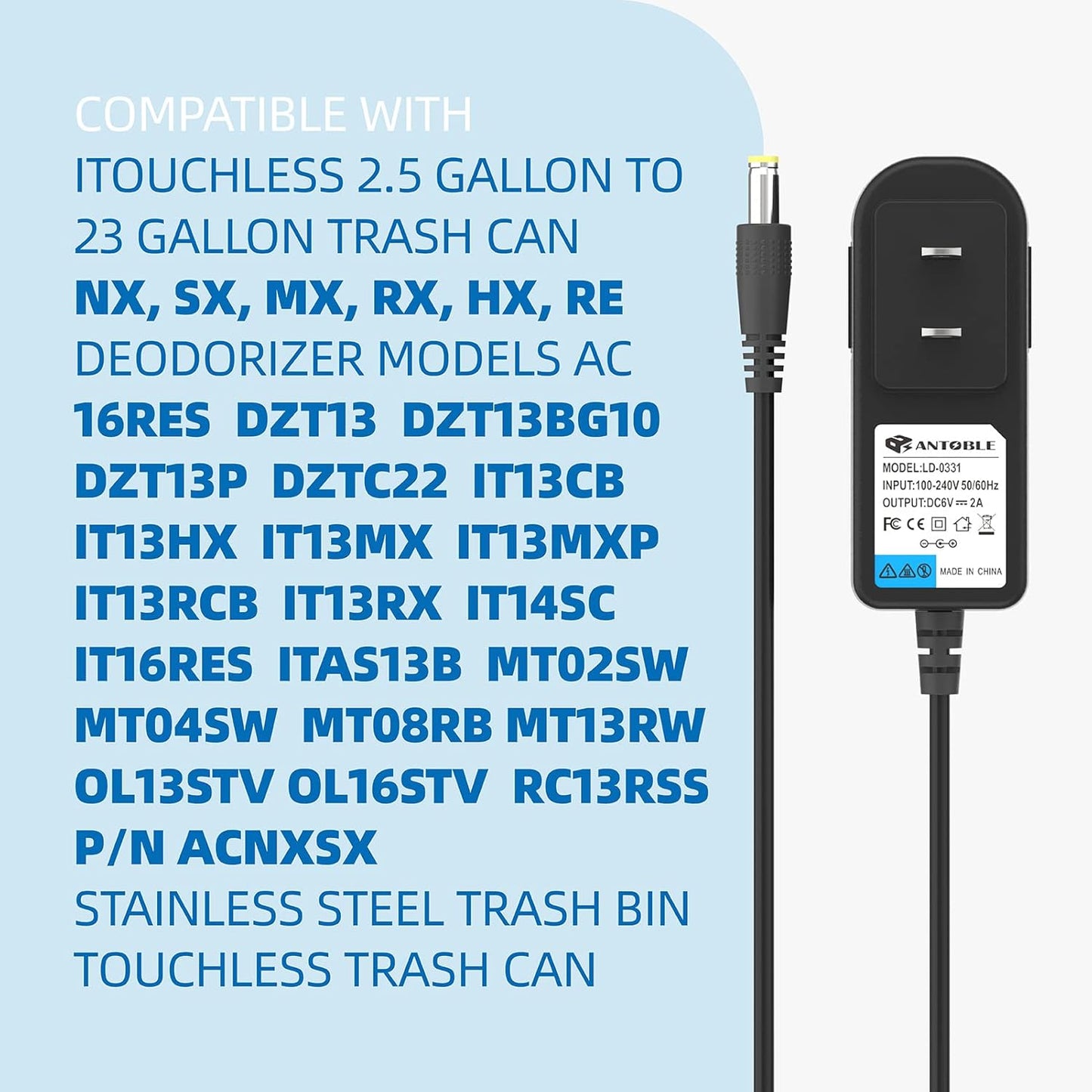 Power Supply for Trash Can, 6V AC Power Adapter for iTouchless 13 Gallon Trash Can, 6.4Ft Long Cord