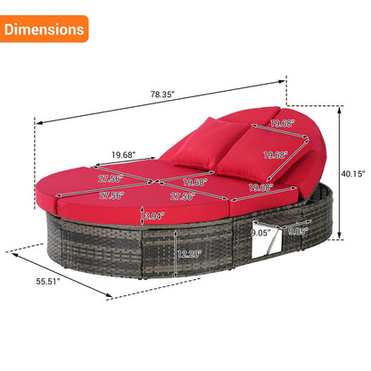 Bituman Luxury Round Patio Daybed with Pillows, Foldable Wicker Sun Lounger Featuring Adjustable Backrests & Cup Holders, 600lbs Heavy Duty Steel Frame, Fully Assembled Outdoor Furniture for Poolside