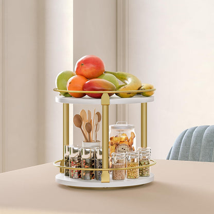 YATINEY Lazy Susan Organizer, Rotating Spice Rack, 2 Tier Spice Turntable Organizer, Industrial Turntable Spice Holder, for Kitchen Countertop and Cabinet, Compact and Versatile, White and Gold SR22DW