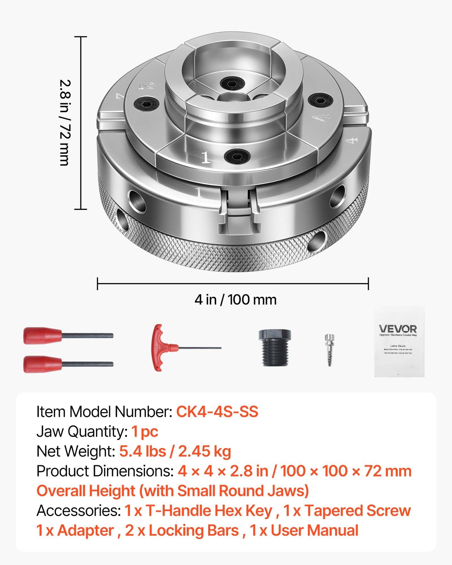 VEVOR 4 Inch Wood Lathe Chuck, 4-Jaw, Self-Centering Wood Turning Chuck Set with 1" x 8TPI Thread & Adapter, Nickel-Plated, High-Hardness Steel, Inside Clamping & Outside Support, for Woodworking