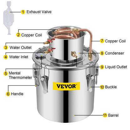 VEVOR Alcohol Still 8Gal/30L Alcohol Distiller Stainless Steel Distillery Kit for Alcohol With Copper Tube & Pump Home Brewing Kit Build-in Thermometer for DIY Whisky Wine Brandy