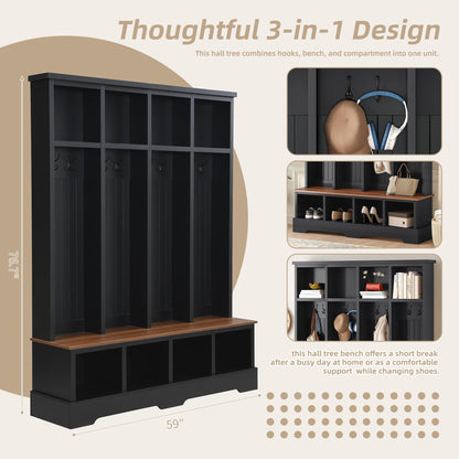 WZONICE98 76.7" Hall Tree with 8 Hooks, Farmhouse Entryway Bench with Shoe Storage Compartments, 3-in-1 Coat and Shoe Rack for Mudroom, Living Room, Black