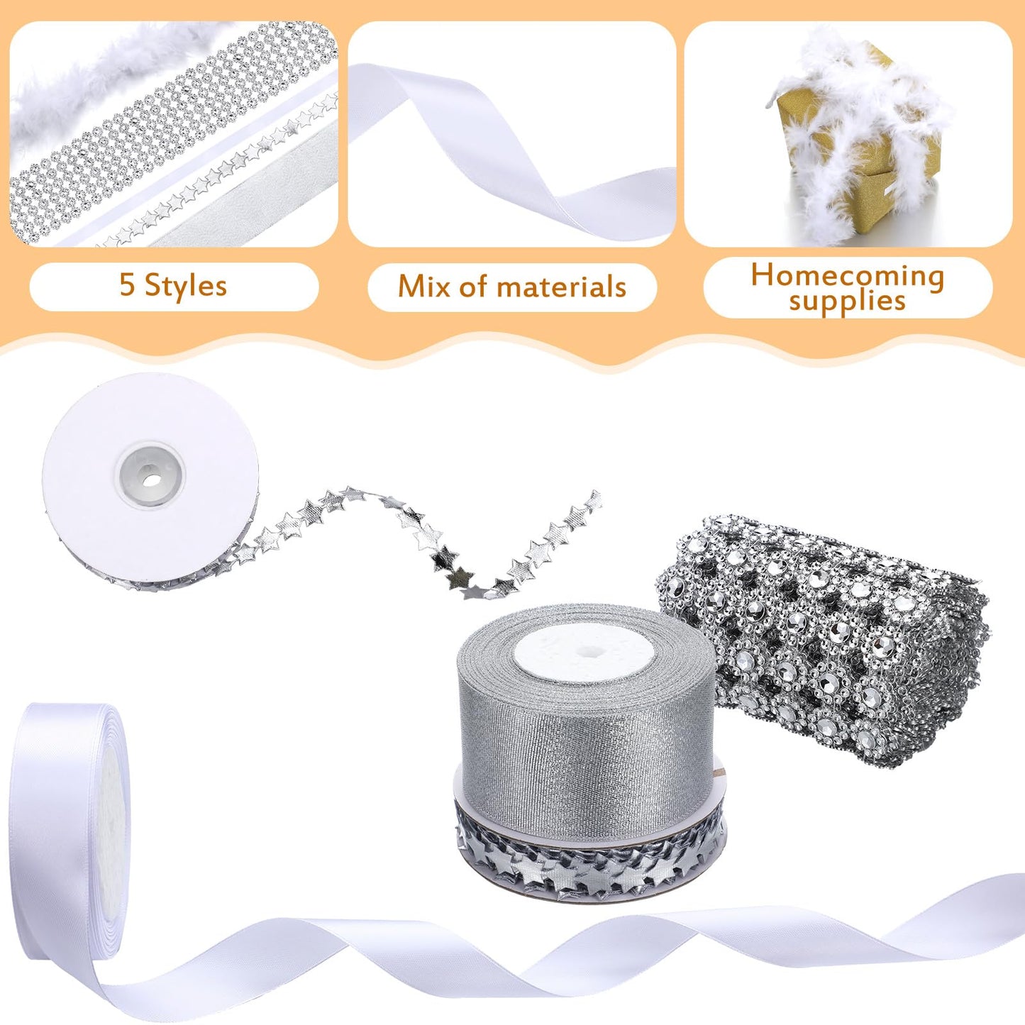 Giegxin 5 Rolls 54 Yard Homecoming Mum Ribbon Including Crystal Rhinestone Ribbon Polyester Star Trim Marabou Feather Boa White Satin Silver Organza for DIY Chrysanthemum Party Supplies
