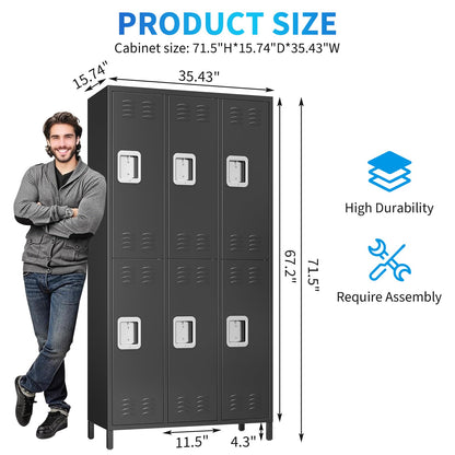 Heavy Duty Metal Storage Locker Cabinet – 6 Lockable Doors, Hooks, Shelf, Ventilated Design – Tall Steel Office Organizer for School, Gym, Garage – Secure Storage Rack, Black