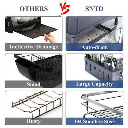 SNTD Dish Drying Rack for Kitchen Counter - Stainless Steel Dish Rack with Drainboard, Large Dish Drainer with Utensil Holder for Sink, Silver