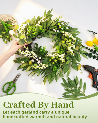 20in Wreath for Front Door,Spring Wreaths with Welcome,Greenery Summer Wreath for All Season,Farmhouse, Outdoor, Porch, Garden, Wedding Decor