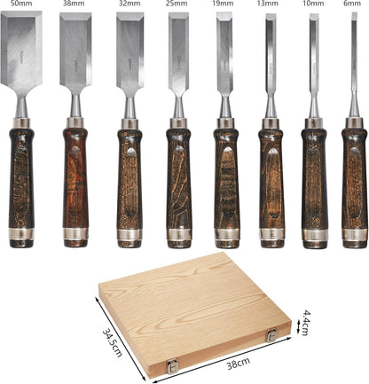 SELFIE CAT 8 Piece Wood Chisel Set for Woodworking Tools Wood Carving Tools with Wooden Case and Sharpening Stones Wood Carving Kit for Beginners and Professionals Black Walnut