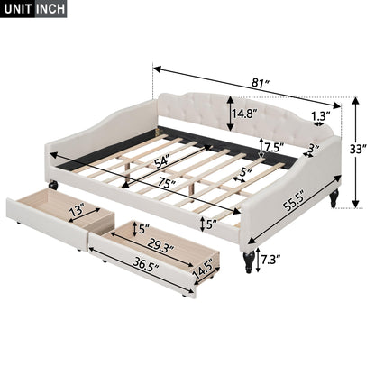 Acosure Full Size Upholstered Tufted Daybed with Two Storage Drawers,Linen Sofa Bed,Easy Assemble & No Box Spring Needed,Perfect for Small Space,Bedroom,Livingroom,Guest Room, Beige