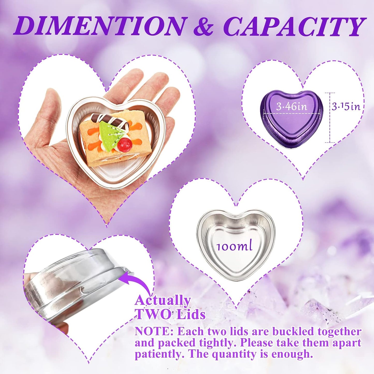 Honeydak Heart Shape Cake Pan, Aluminum Foil Mini Cake Cup with Lids, 100ml Disposable Baking Cups, 3 Colors (48 Sets)