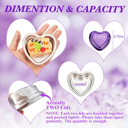 Honeydak Heart Shape Cake Pan, Aluminum Foil Mini Cake Cup with Lids, 100ml Disposable Baking Cups, 3 Colors (48 Sets)