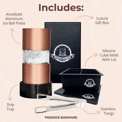 Pressice Barware Ice Ball Press – Precision-Crafted Aluminum – Create Effortless Large Spheres – Includes Ice Tray – Made in the USA (Paloma Finish)