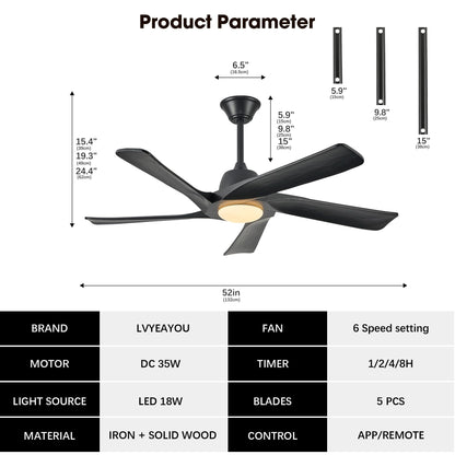 LVYEAYOU Ceiling Fan with Light, 52 Inch Solid Wood Ceiling Fans, Remote and APP Control, 3-color Dimmable, DC Motor, 6-speed Reversible, for Bedroom, Living Room, Black