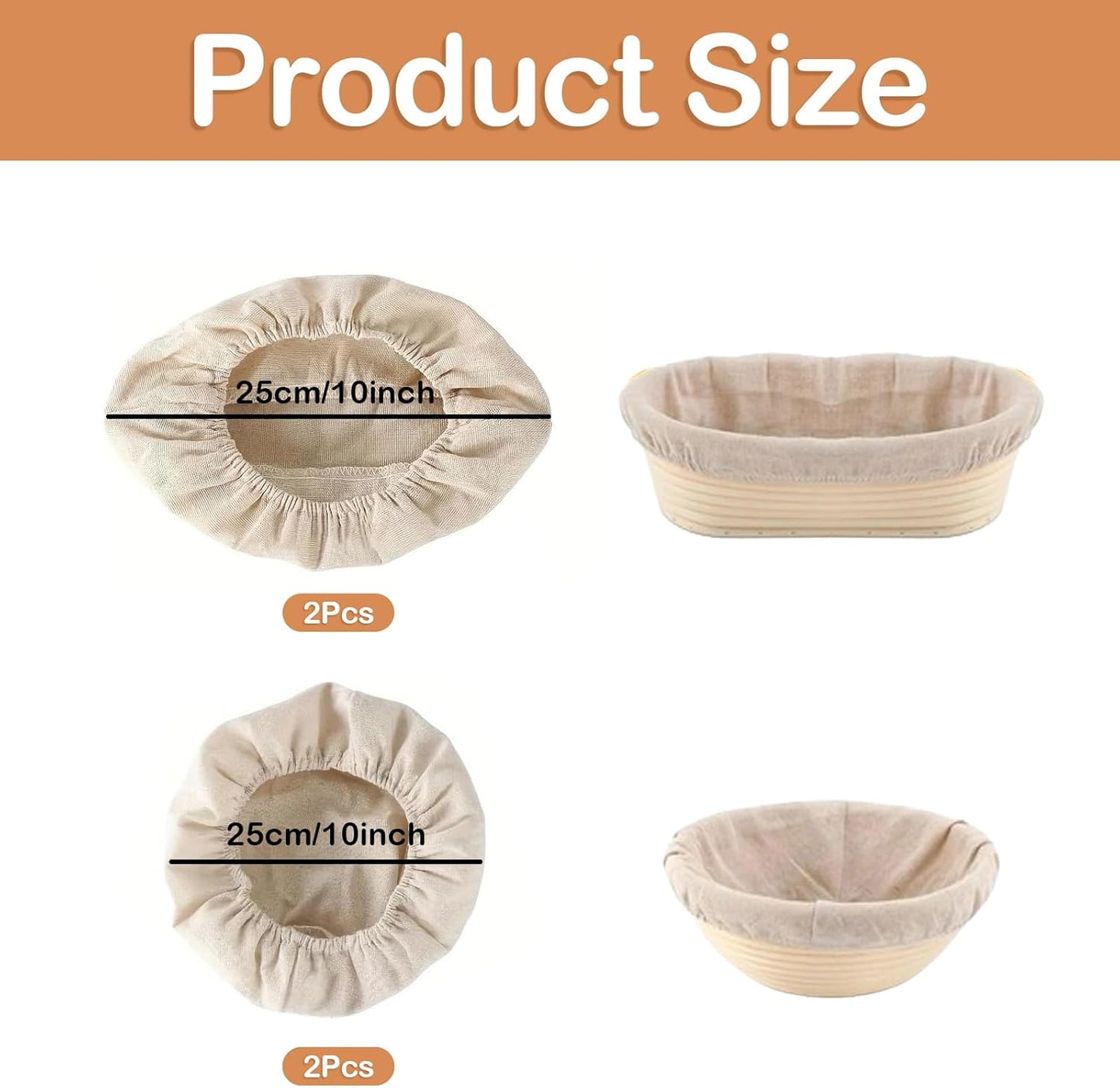 4 Pcs Banneton Bread Proofing Basket Linen Cloth Liners, 10 Inch Round and Oval Baking Dough Basket Cover for Home