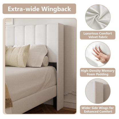 HAOARA King Size Velvet Bed Frame and Vertical Chanel Tufted Headboard, Upholstered Platform Bed wtih Wingback, No Box Spring Needed, Strong Wooden Slats, White