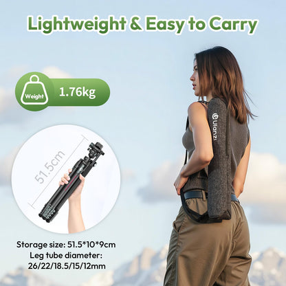ULANZI JJ06 GlideGo Carbon Fiber Video Tripod, Dual 360° Pan Head, 73.6 inch Max Height, 11 lb Load, UKA Quick Release, Professional Portable Lightweight Travel Tripod with Bag