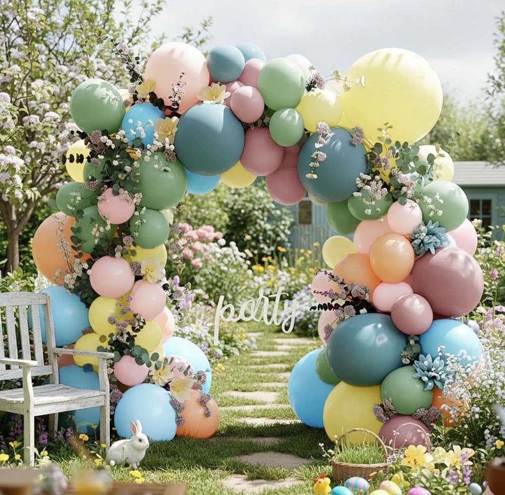 Pink Blue Green Balloon Arch Kit with Artificial Flowers, Double Stuffed Light Baby Yellow Pink Blue Green Pastel Floral Balloon Garland for Baby Shower Wedding Birthday Fairy Spring Tea Party Decor