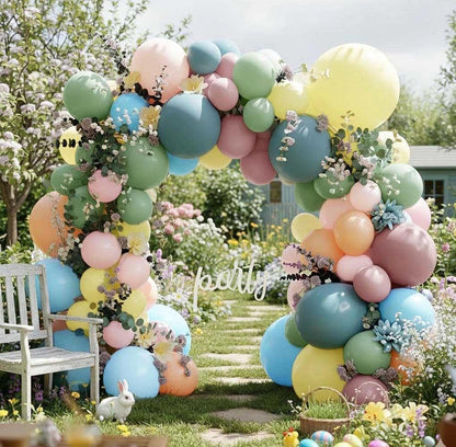 Pink Blue Green Balloon Arch Kit with Artificial Flowers, Double Stuffed Light Baby Yellow Pink Blue Green Pastel Floral Balloon Garland for Baby Shower Wedding Birthday Fairy Spring Tea Party Decor