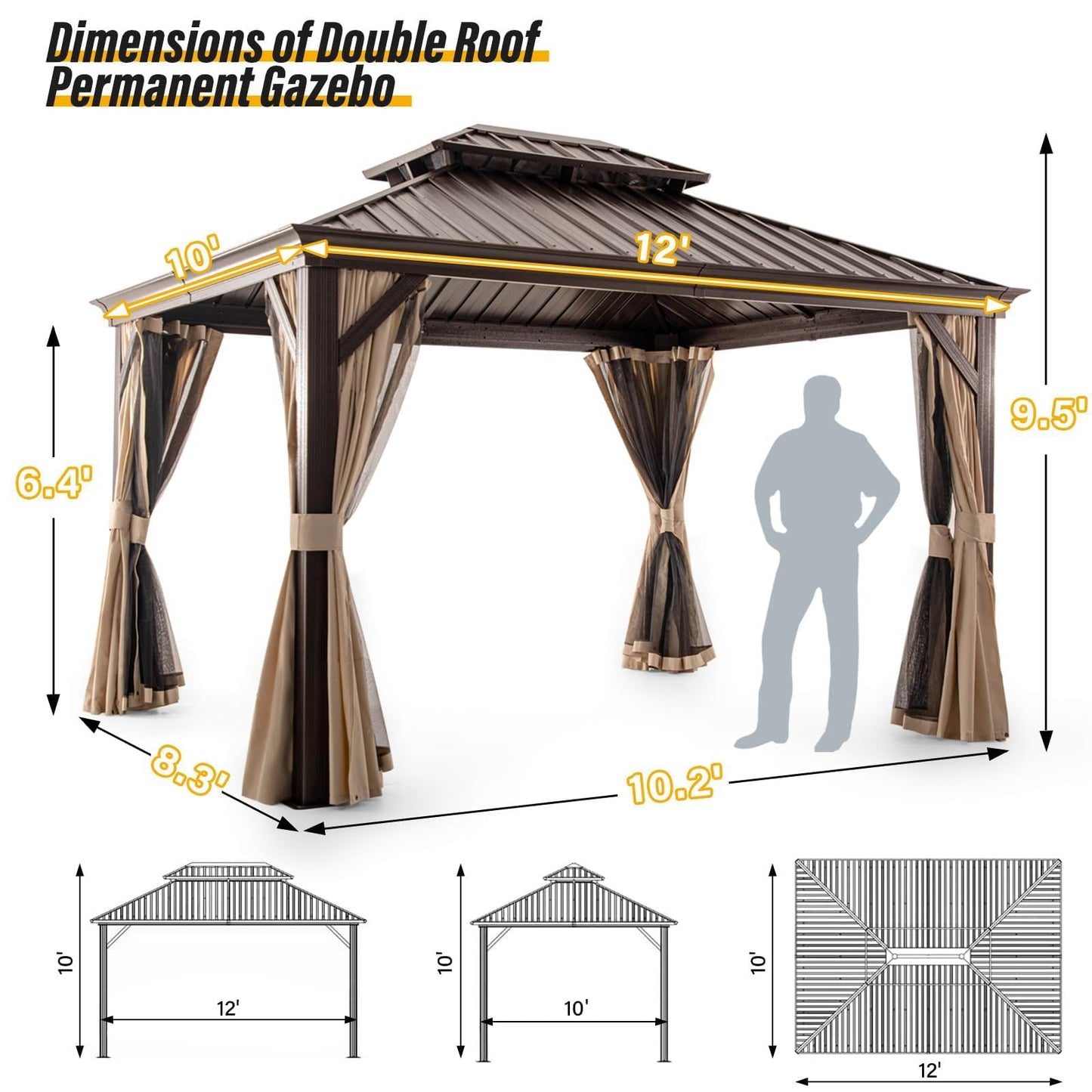 LAUSAINT HOME 10'x12' Hardtop Gazebo, Outdoor Aluminum Frame Permanent Metal Pavilion with Double Roof, Privacy Curtains & Mosquito Nettings for Patio, Lawn & Garden, Brown