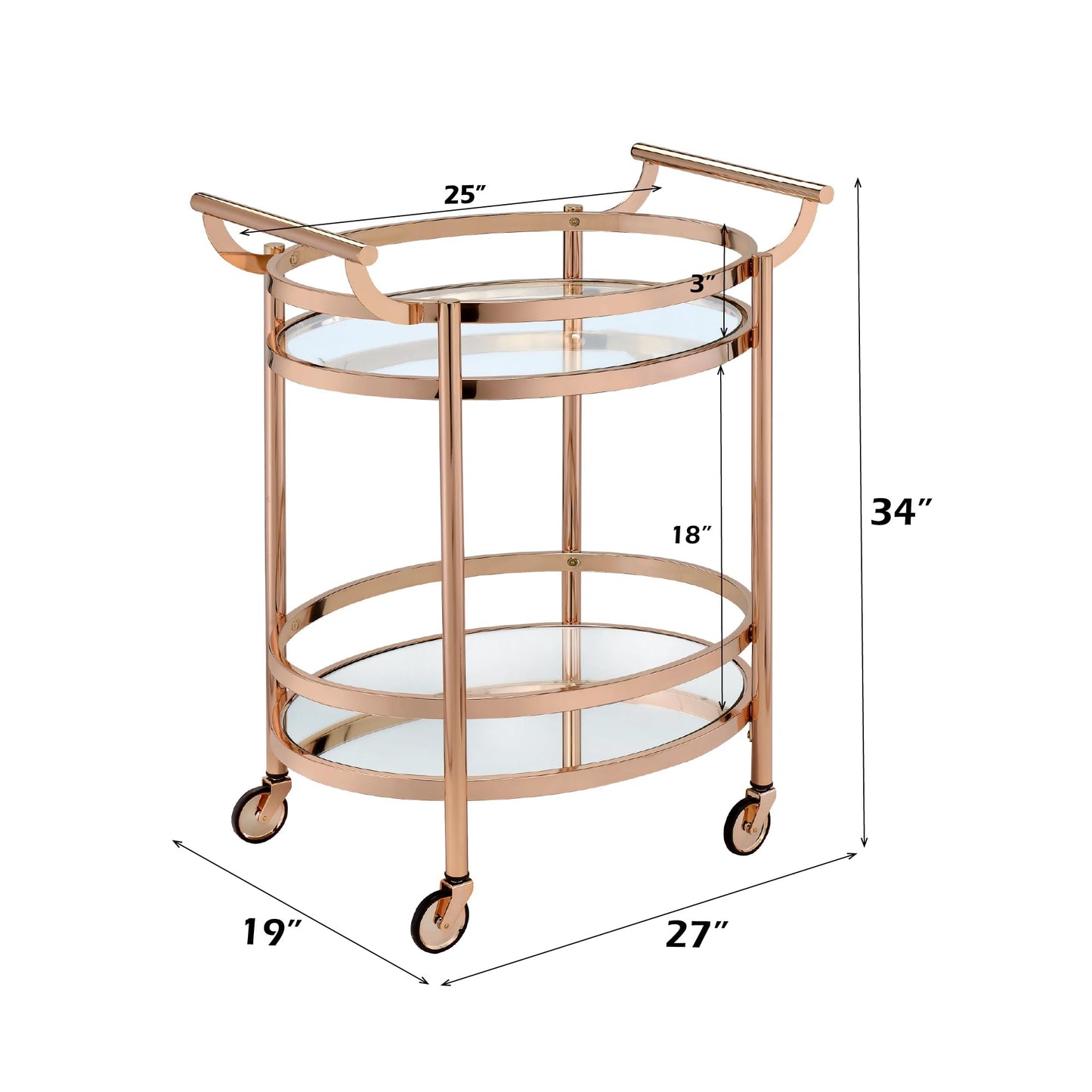 CNPOP Modern Clear Glass & Rose Gold Bar Cart with Wheels, Oval Serving Cart with 2-Tier Shelves & Metal Frame, Mirrored Bottom Shelf, Rolling Drink Cart for Kitchen, Dining Room & Living Room