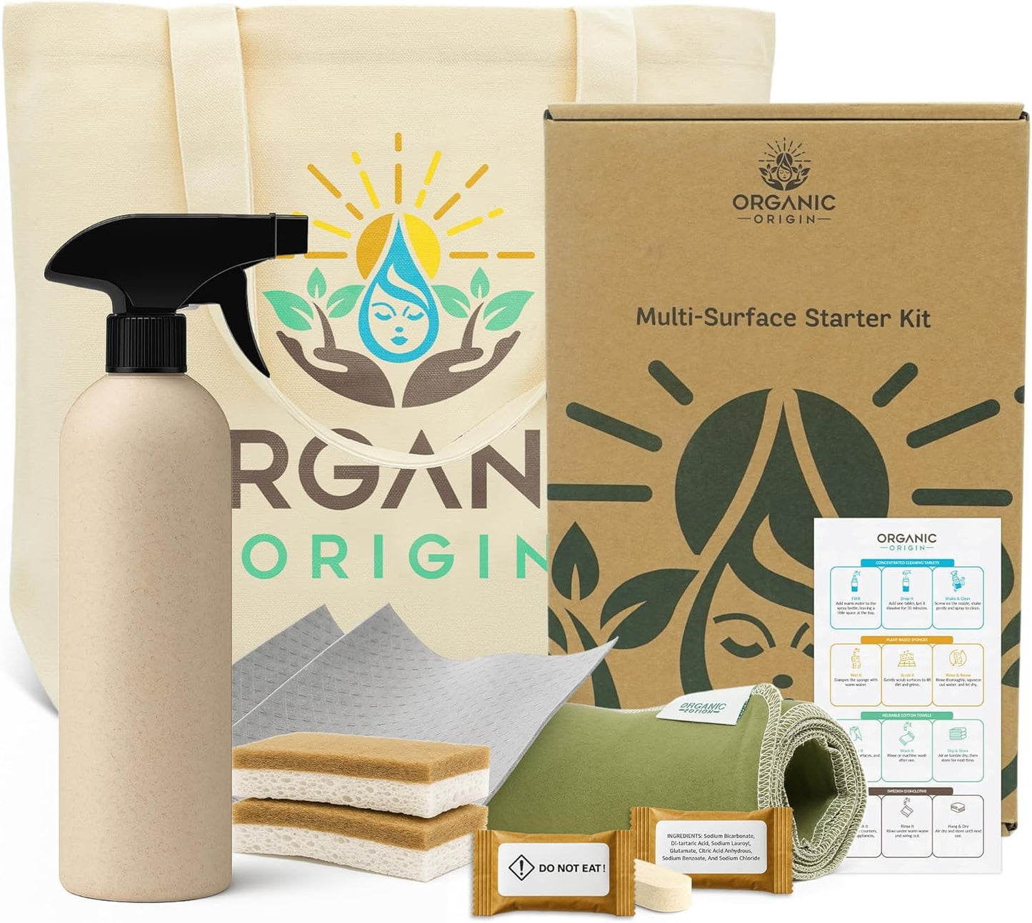 Lifecircle Kitchen Cleaning Kit 14 Piece – Swedish Dishcloths, Dish Towels for Kitchen, Plant-Based Sponges, Reusable Paper Towels, Cleaner Tablets & Spray Bottle by Organic Origin