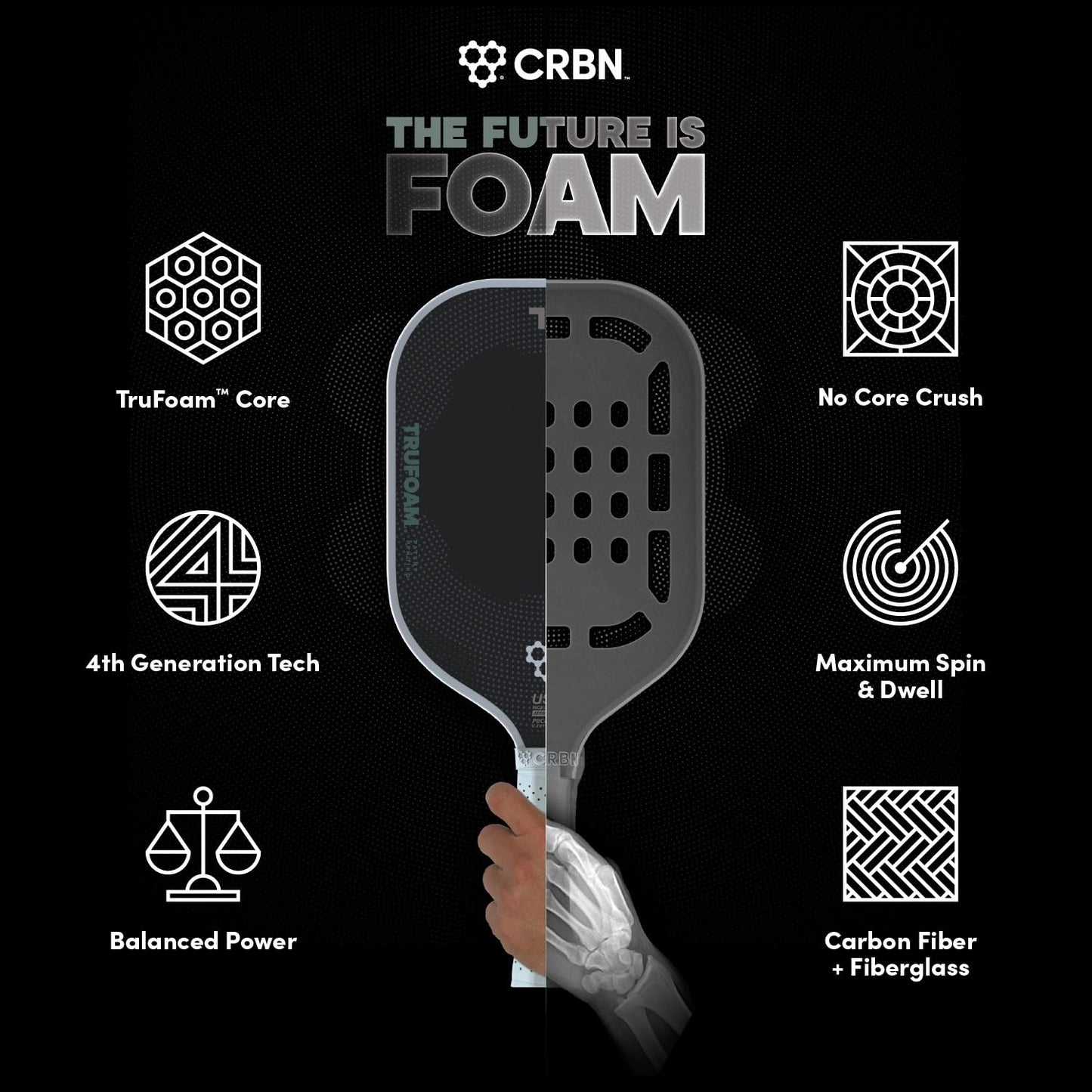 CRBN Pickleball - TruFoam Genesis - Carbon Fiber Pickleball Paddle - First-Ever 100% Foam Core Performance Paddle (Square)