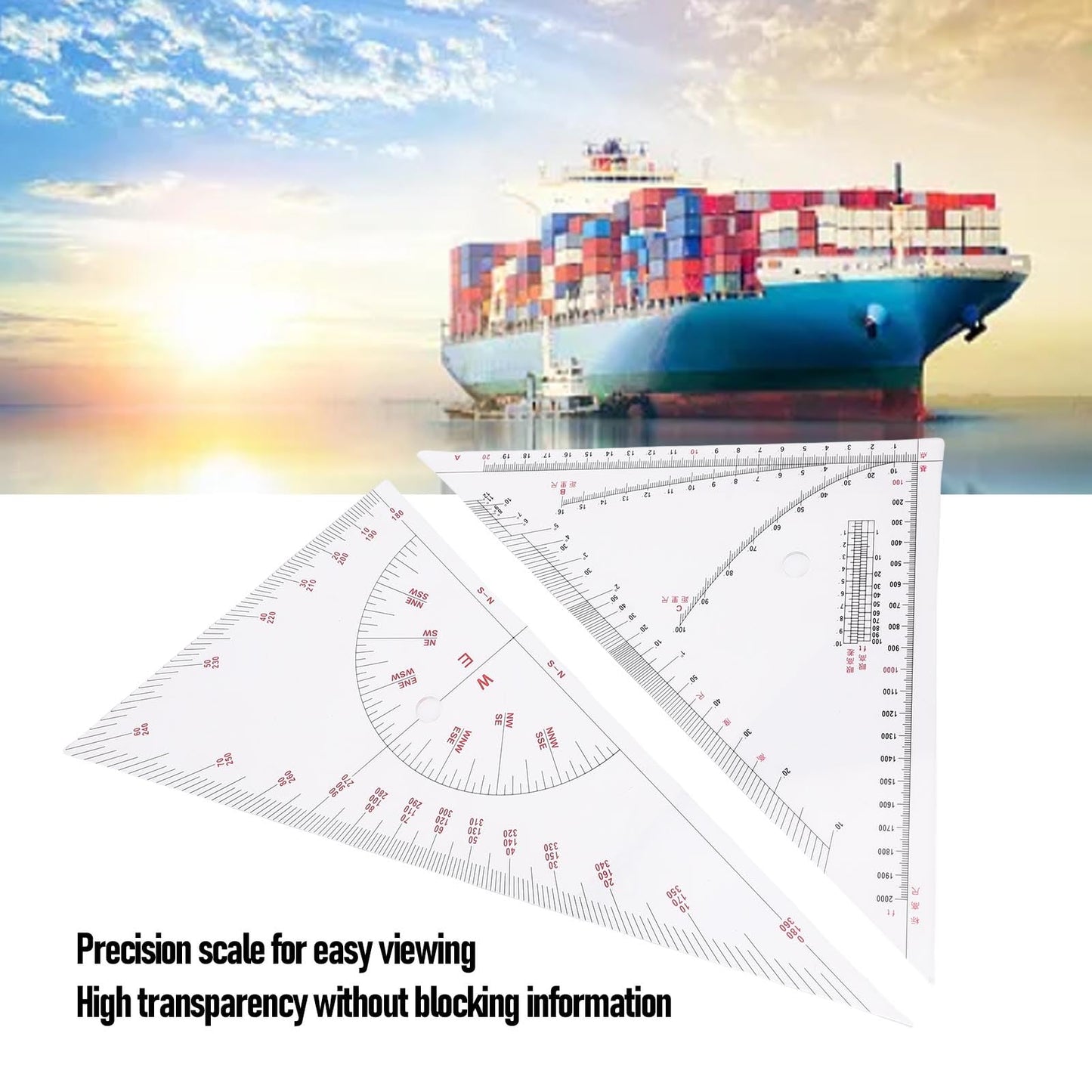 Klanata Large 405mm Marine Navigation Triangle Ruler & Protractor Set, Crystal Clear Acrylic Chart Plotting Tools for Boats and Yachts, Professional Nautical Drafting Tool (15.9in)
