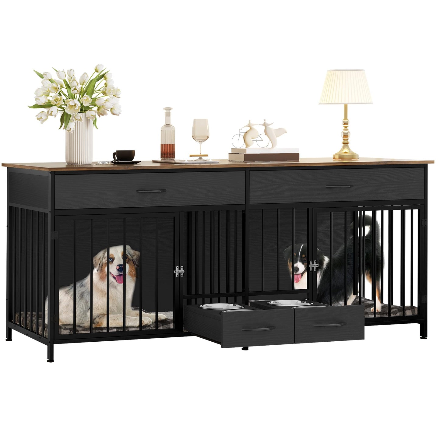 YITAHOME 74.8" Double Dog Crate Furniture with Dog Feeder, Heavy Duty Indoor Dog Kennel TV Stand with Drawers, Sturdy Dog Kennel with Divider for 2 Medium Large Dogs, Black
