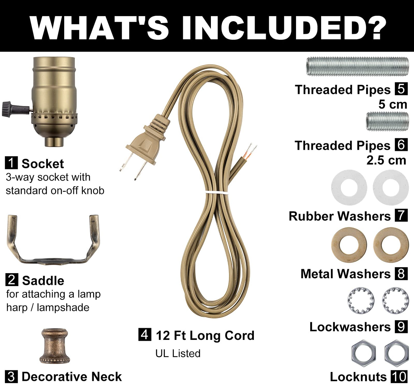 Lamp Making Kit, Lamp Parts for Repair Replacement or Rewire Table and Floor Lamps, 3 Way Socket 12 Foot Matching Cord and Essential Hardware, DIY Lamp Kits for Do It Yourself (Antique Brass)