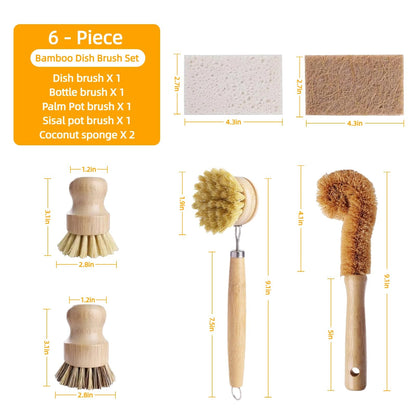 Natural Bamboo Dish Brush Set - 6 PCS Kitchen Cleaning Brush Kit with 4 Utensil Brushes and 2 Coconut Fiber Dish Sponges, for Cleaning Pots, Pans, Dishes, Bottles, Vegetables, and Fruits