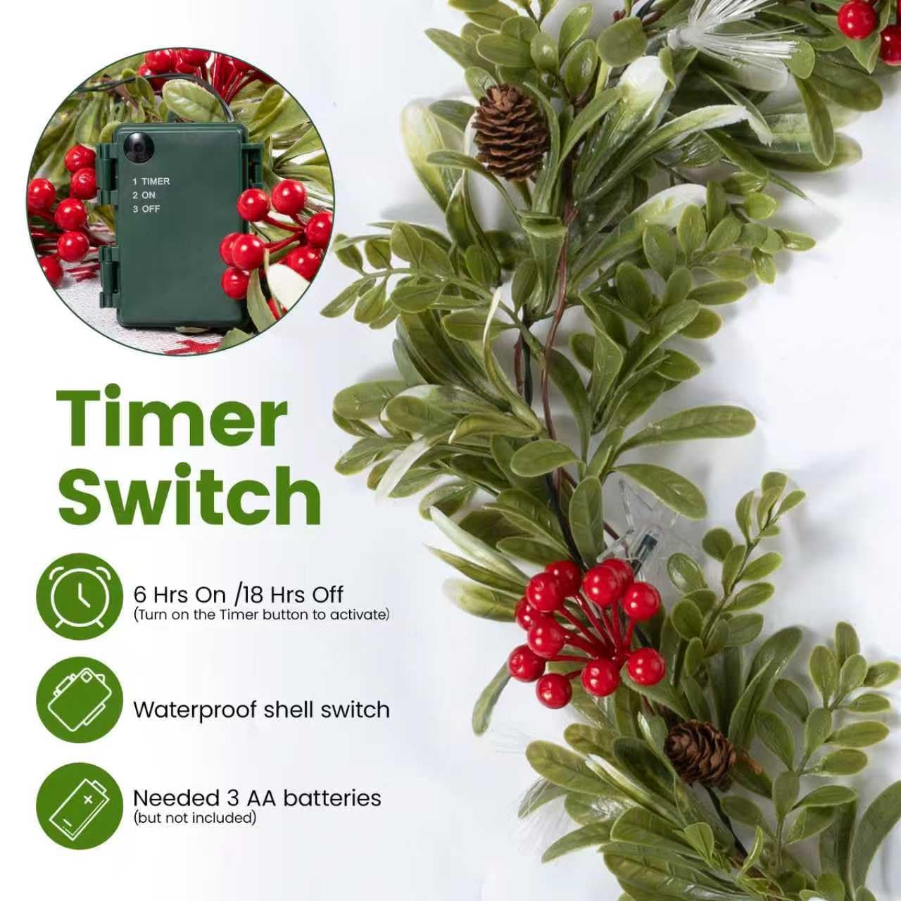 6.5FT Christmas Garland with Lights & Timer, 30 LED Pre-lit Greenery Olive Garland with Red Berry Pinecone, Battery Operated Lighted Garland for Fireplace Mantle Door Stairs Table Christmas Decoration