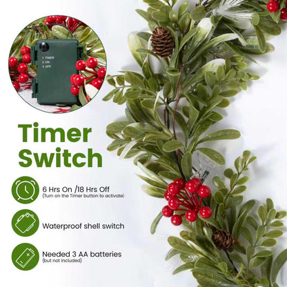 6.5FT Christmas Garland with Lights & Timer, 30 LED Pre-lit Greenery Olive Garland with Red Berry Pinecone, Battery Operated Lighted Garland for Fireplace Mantle Door Stairs Table Christmas Decoration