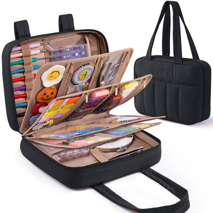 AMOIGEE Sewing Supplies Organizer Bag, Large Craft Storage Tote with 17 Clear Pockets&Tool Holders, Portable Crochet Knitting Embroidery Organizer Case for Threads, Hooks, Needles & Sewing Accessories