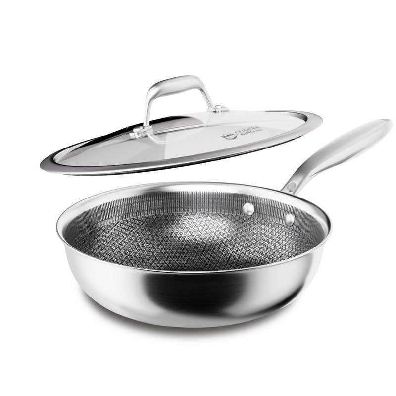 COOKER KING 10-Inch Hybrid Stainless Steel Wok with Lid, Nonstick Stir Fry Pan & Deep Frying Pan, Tri-Ply Clad Honeycomb Everyday Pan, Induction Ready, Oven & Dishwasher Safe, PFOA Free