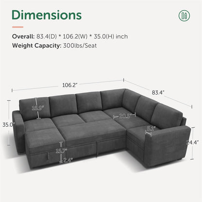 HONBAY Modular Sectional Couch with Pull Out Bed, Corduroy Sleeper Sofa with Storage Ottoman, U Shaped Sectional Couches for Living Room, Dark Grey