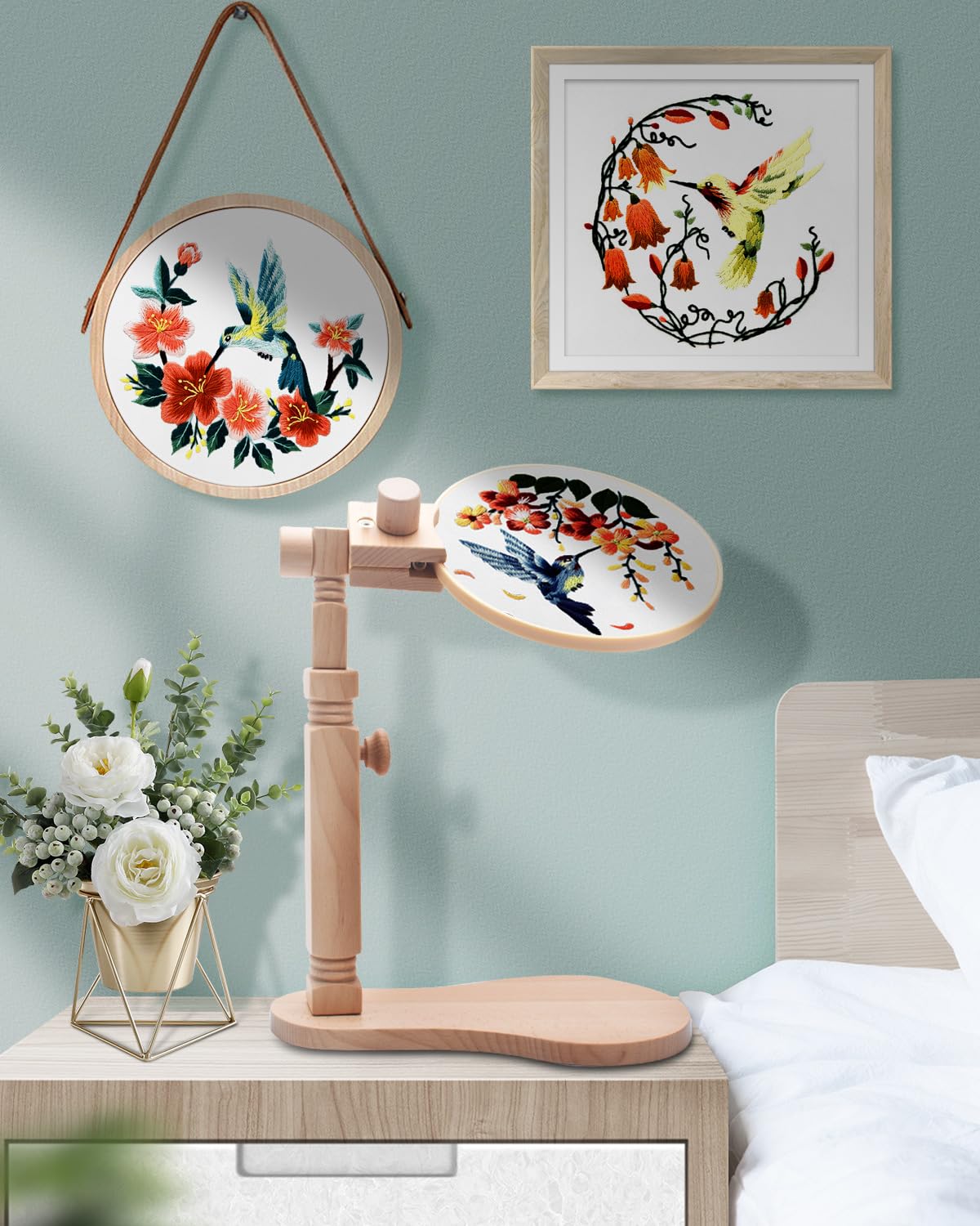 TINDTOP Beech Wood Embroidery Hoop Stand, with 3pcs Embroidery Hoops (3inch + 6inch + 8inch), Adjustable Rotated Wooden Embroidery Hoop Holder for Cross Stitch and Embroidery Projects
