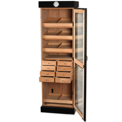 Humidor Supreme Black Tower Humidor with Adjustable Shelves and Drawers | Large Capacity Cigar Cabinet with Tempered Beveled Glass Door, Hygrometer, and Dried Spanish Cedar Lining - Holds 3000 Cigars