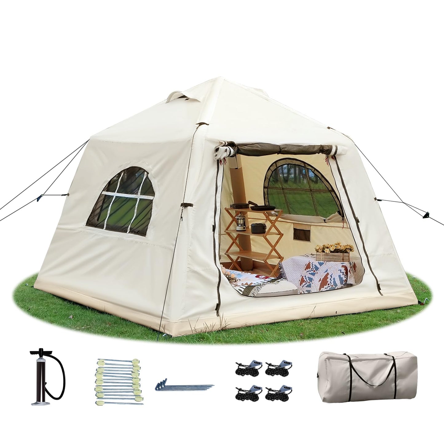 KNUO Inflatable Tent for Winter Camping 7.8x7.8ft Blow Up Air Tents, No Assembly Needed Luxury Glamping Tent for 1/2/3 People, Waterproof Oxford, Beige