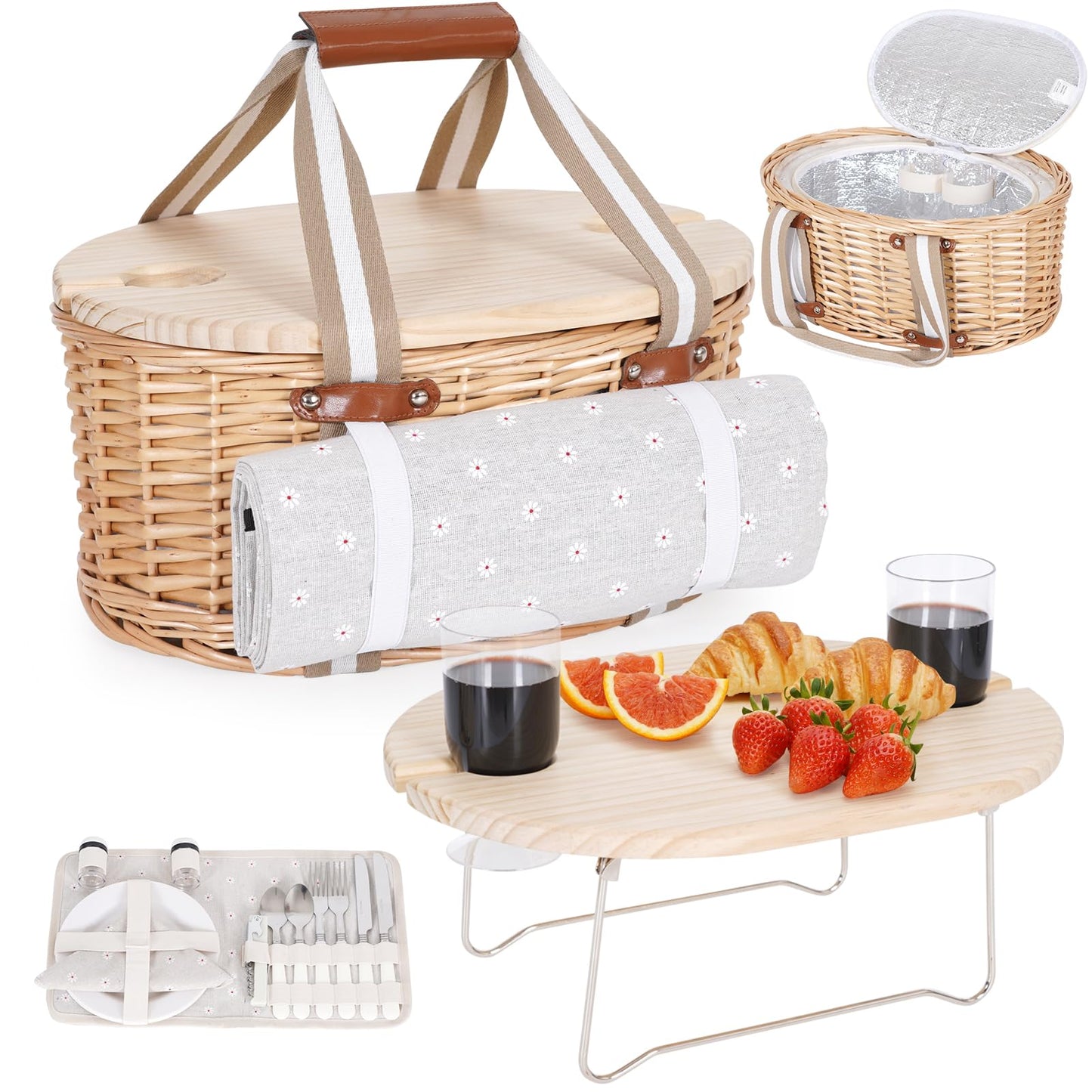 Zettfuly Picnic Basket Set for 2 - Wicker Insulated Picnic Basket with Waterproof Blanket, Folding Wine Picnic Table & Cutlery Kits, Picnic Baskets Kit for Camping, Outdoor, Valentine (White Flower)