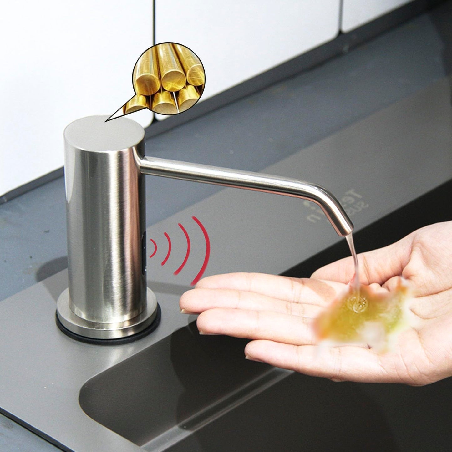 EXVEST Automatic Touchless Soap Dispenser for Kitchen Sink, Brushed Nickel, High Capacity, Durable Material, Multiple Power Supply Modes, Versatile Use, Liquid Soap, Shampoo, Hand Sanitizer