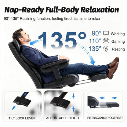 Efomao Big and Tall Office Chair 400lbs - Heavy Duty Reclining Desk Chair with Footrest, Spacious High Back PU Leather Executive Chair, Double-Layer Spring Support, Black