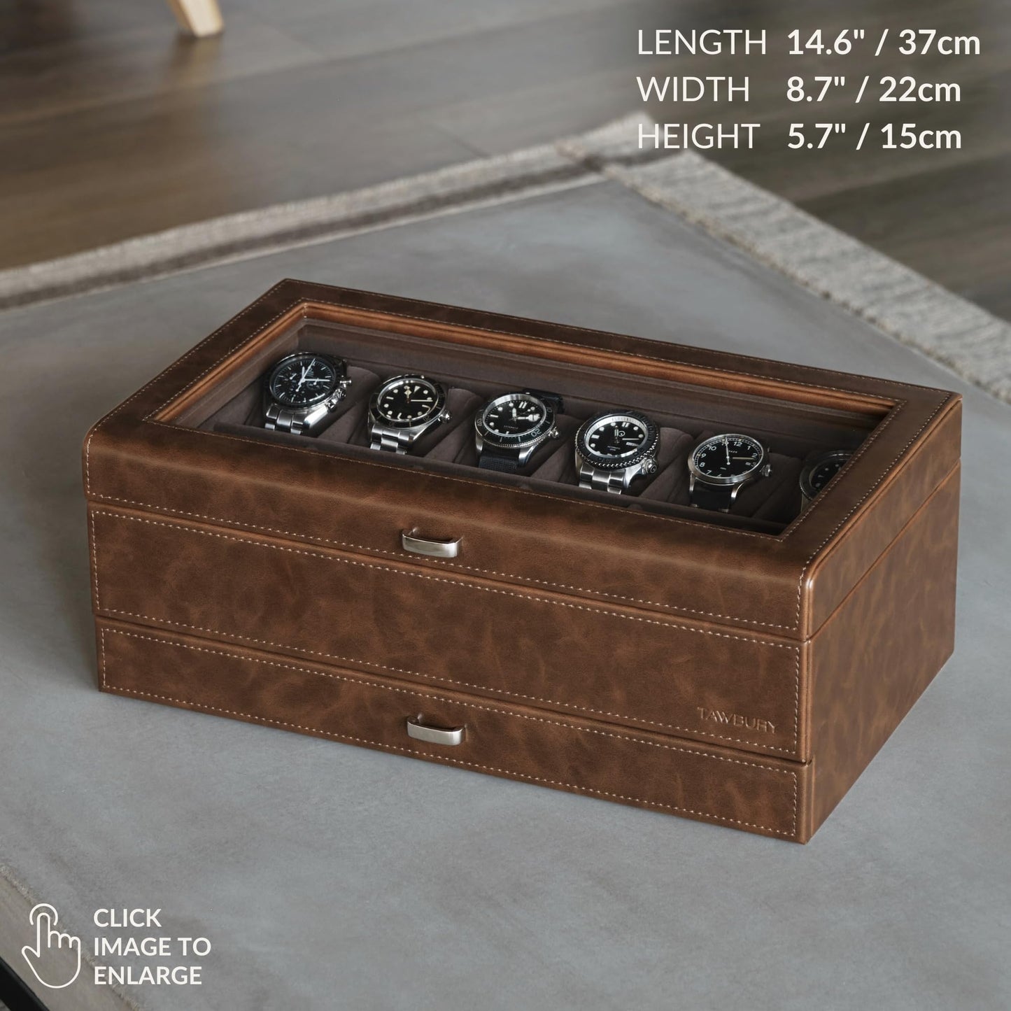 TAWBURY Bayswater 12 Slot Watch Box with Drawer (Brown) with a Set of 12 X-Small Pillows to Fit 5.5-6.5" Wrists