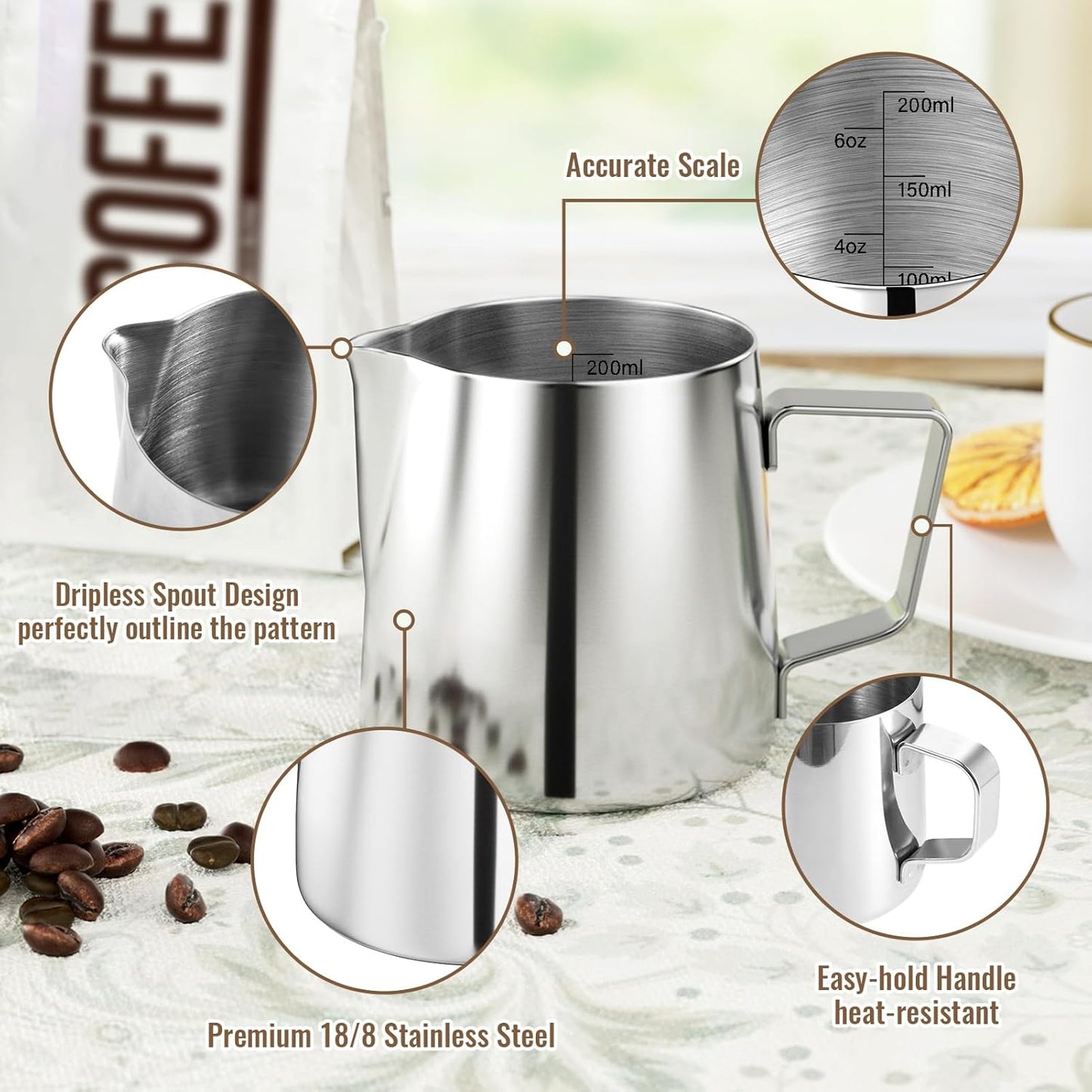HULISEN 6.8oz/200ml Stainless Steel Milk Frothing Pitcher - Small Steaming Cup for Espresso Machine, Latte Art Pour
