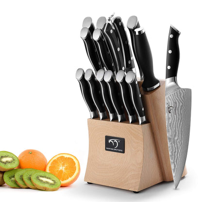 NANFANG BROTHERS 15-Piece Damascus Kitchen Knife Sets with Japanese 67-Layer Damascus Steel, ABS Ergonomic Handle for Chef Knife Set, Ultra Sharp Knife Set with Sharpener, Beechwood Block