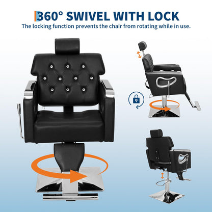 GarveeHome Barber Chair, PU Leather Reclining Salon Chair for Hair Stylist with High-Density Sponge Cushion, Hydraulic Pump Adjustable Height, 360° Swivel, Beauty Spa Equipment, Black and Chrome