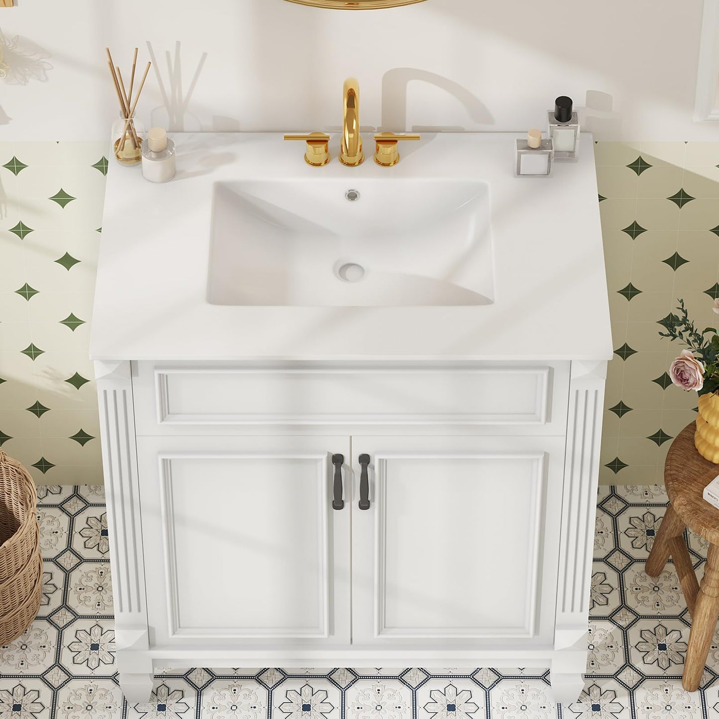 Sweetcrispy 30" Bathroom Vanity with Sink, Bathroom Storage Vanity Sink with 2 Doors, Farmhouse Wooden Free Standing Bathroom Cabinet with Sink, Easy Assembly, NO Mirror Faucet, Ivory White