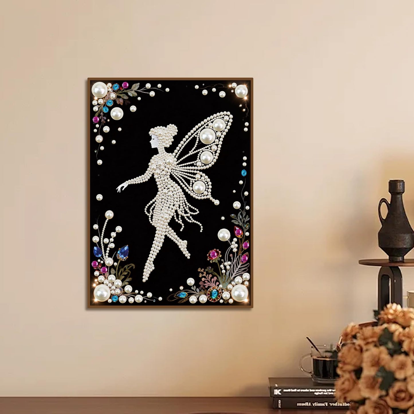 Focart DIY Pearl Diamond Painting Black and White Art Kits, Butterfly Fairy Pattern Round Half Pearls Rhinestones Diamond Dots Paintings Arts Craft Gift Home Decor for Beginners 15.74x11.8in