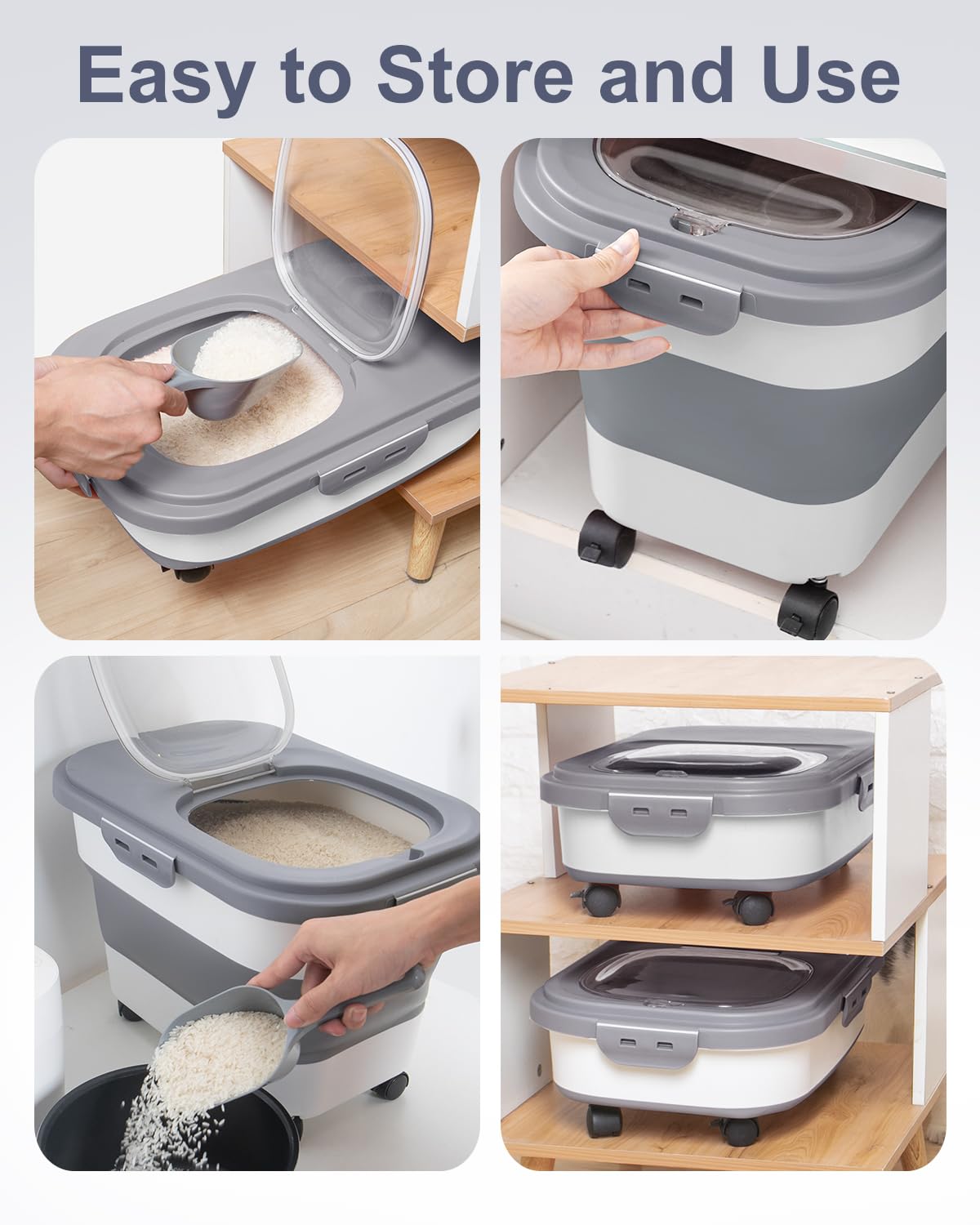 DDMOMMY 20-30 Lbs Rice Storage Container,Collapsible Food Storage Containers with Rolling Wheel Airtight Locking Lid,Flour Storage Container with Cup and Scoop,Suitable for Food,Rice,Pet Food,Flour