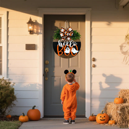 Cute Halloween Ghost Door Hanger Sign, Wooden Welcome Wreath for Front Door Farmhouse Porch Outdoor Wall Decor