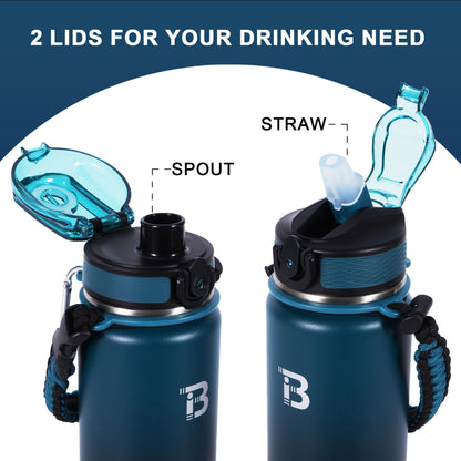 TOPBADE 32oz Water Bottle Stainless Steel with Straw, Insulated Water Bottle with Paracord Handle & Spout Lids, Double Wall Sweat-Proof BPA-Free Metal Insulated Flask BLUE BLACK
