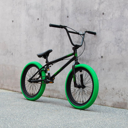 cubsala Freestyle BMX Bike, 20 Inch Yaphet Bicycle for Teen Beginner Adult Riders, Bike with 360° Rotating Handlebar and 4 pegs, Black with Green Tires